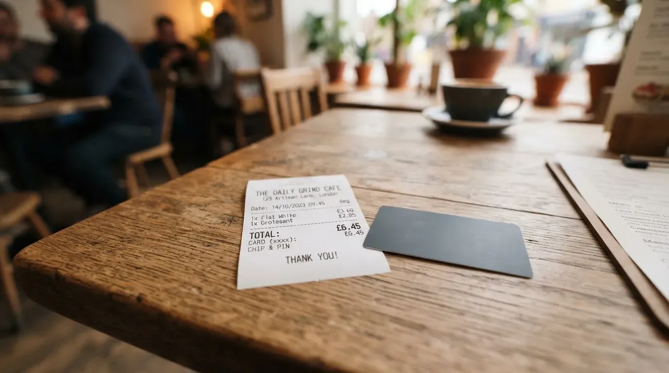 A receipt and a card on a café table