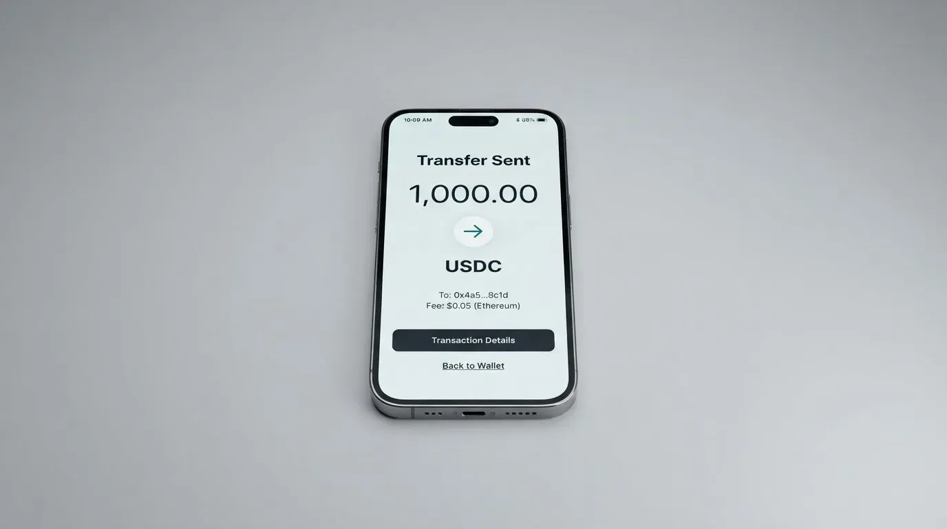 A phone showing a stablecoin transfer screen