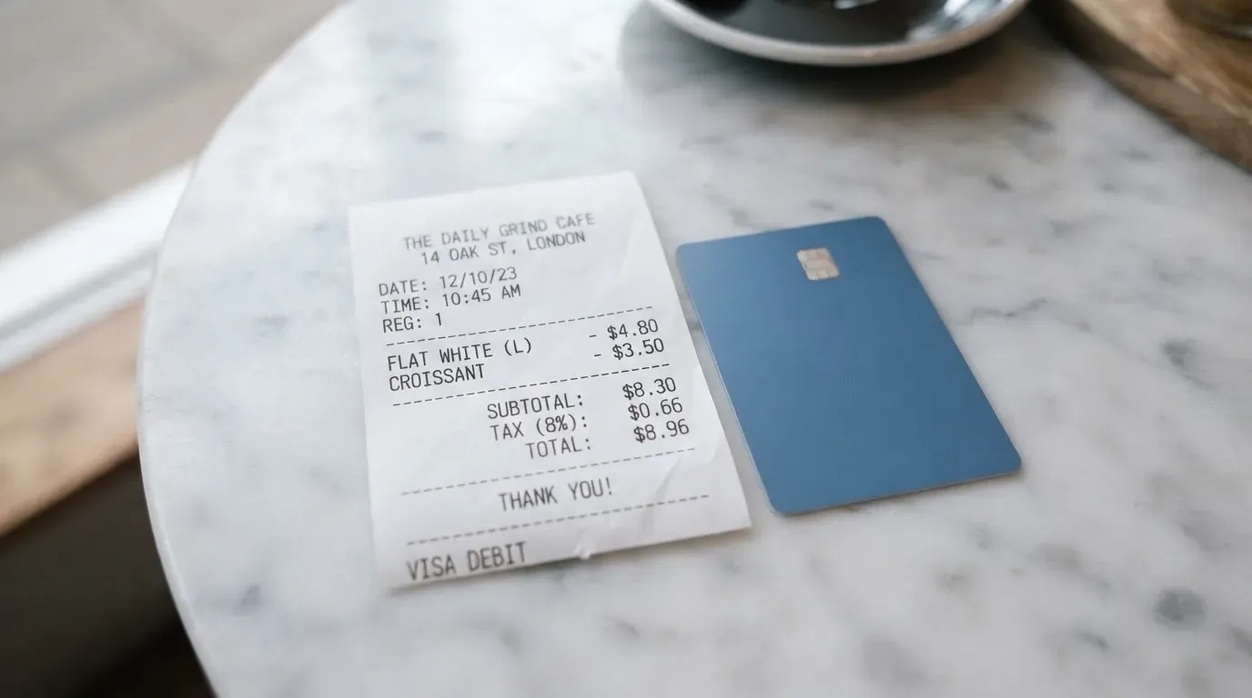 A receipt and a card on a café table