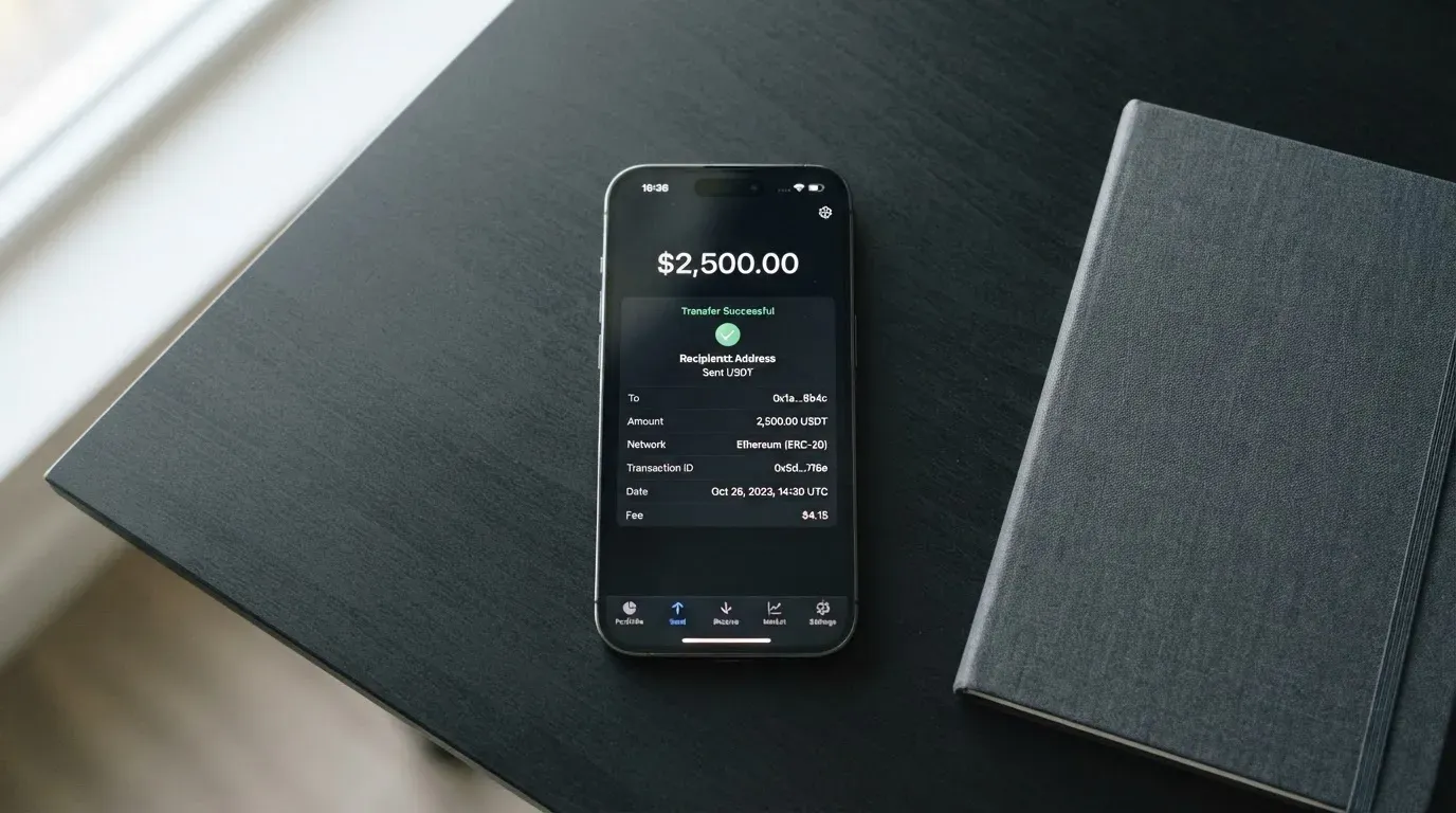 A phone showing a stablecoin transfer screen