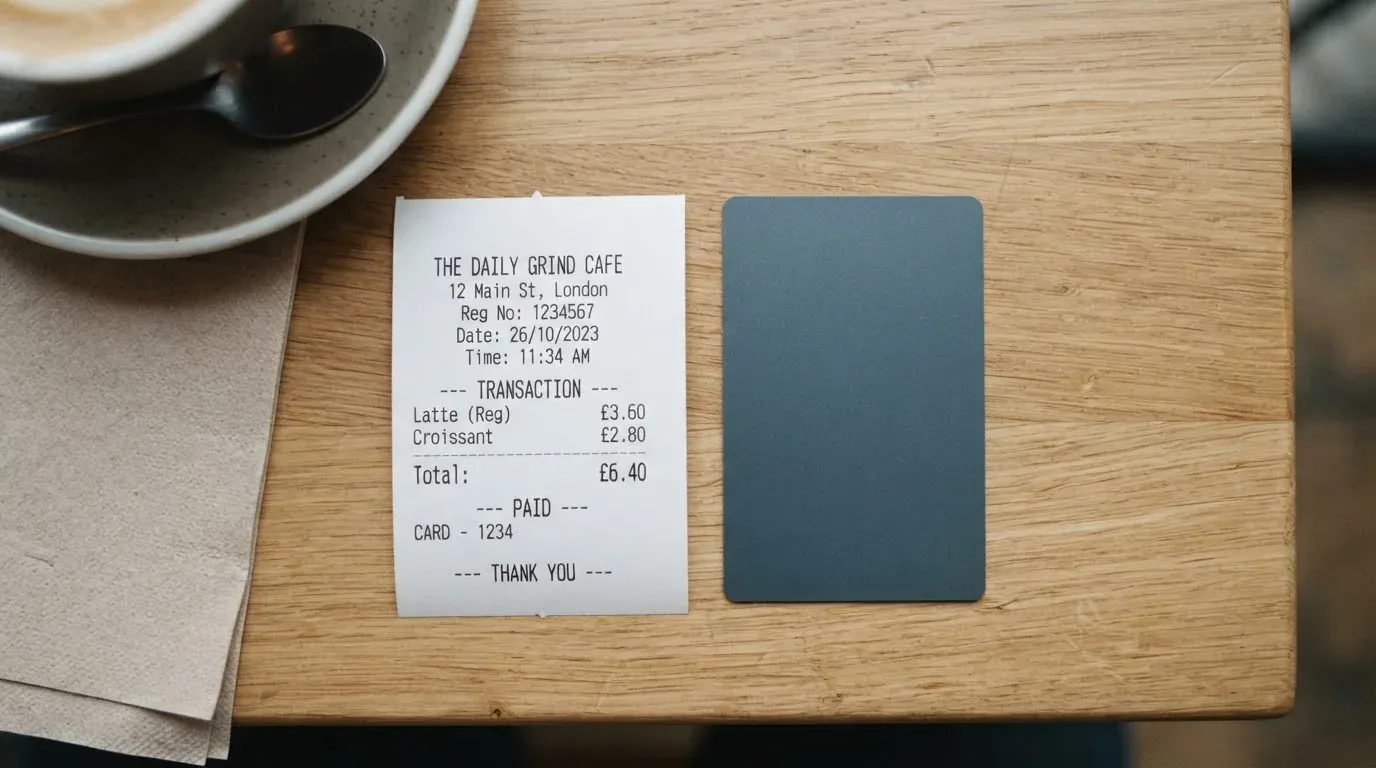 A receipt and a card on a café table