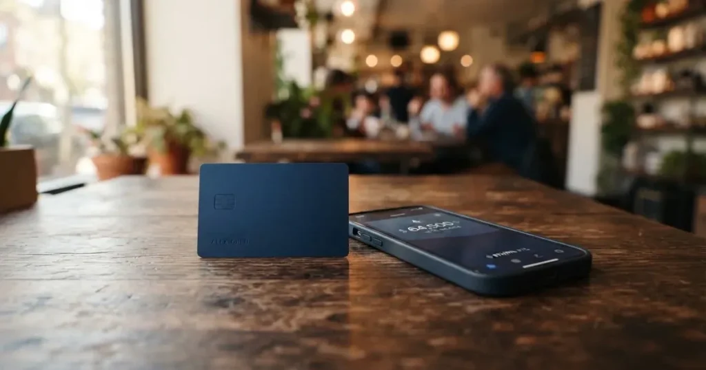 A payment card next to a phone with a crypto wallet app open