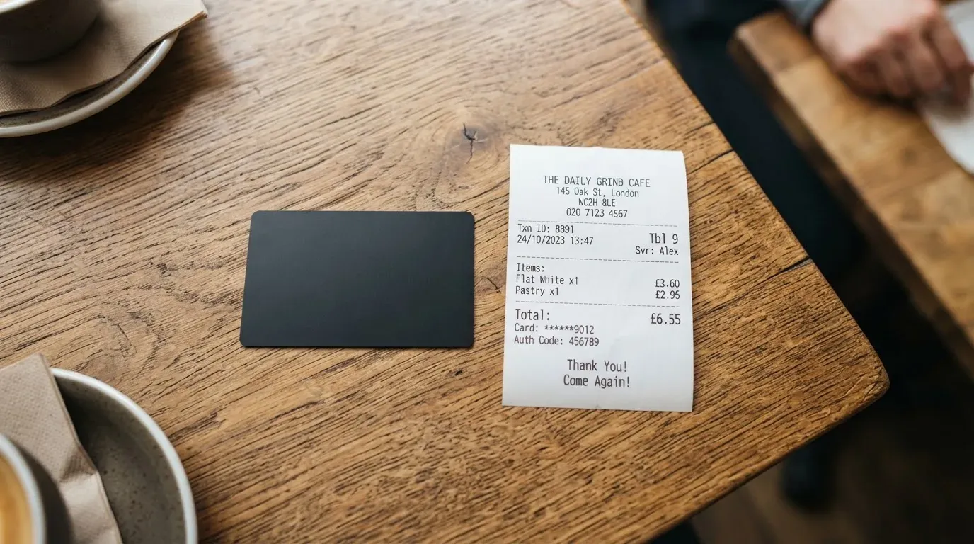 A receipt and a card on a café table