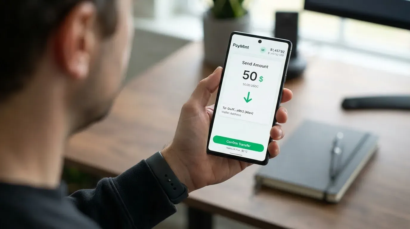 A phone showing a stablecoin transfer screen