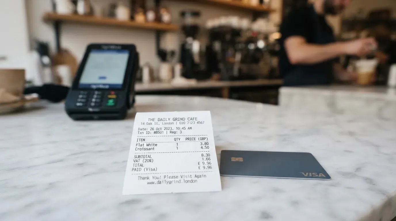 A receipt and a card on a café table