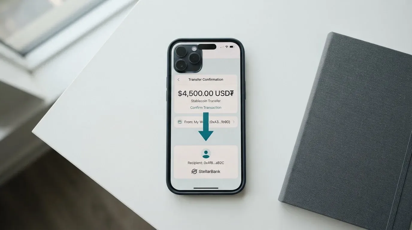 A phone showing a stablecoin transfer screen