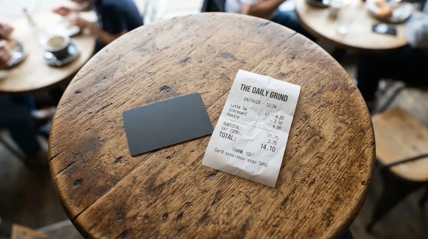 A receipt and a card on a café table