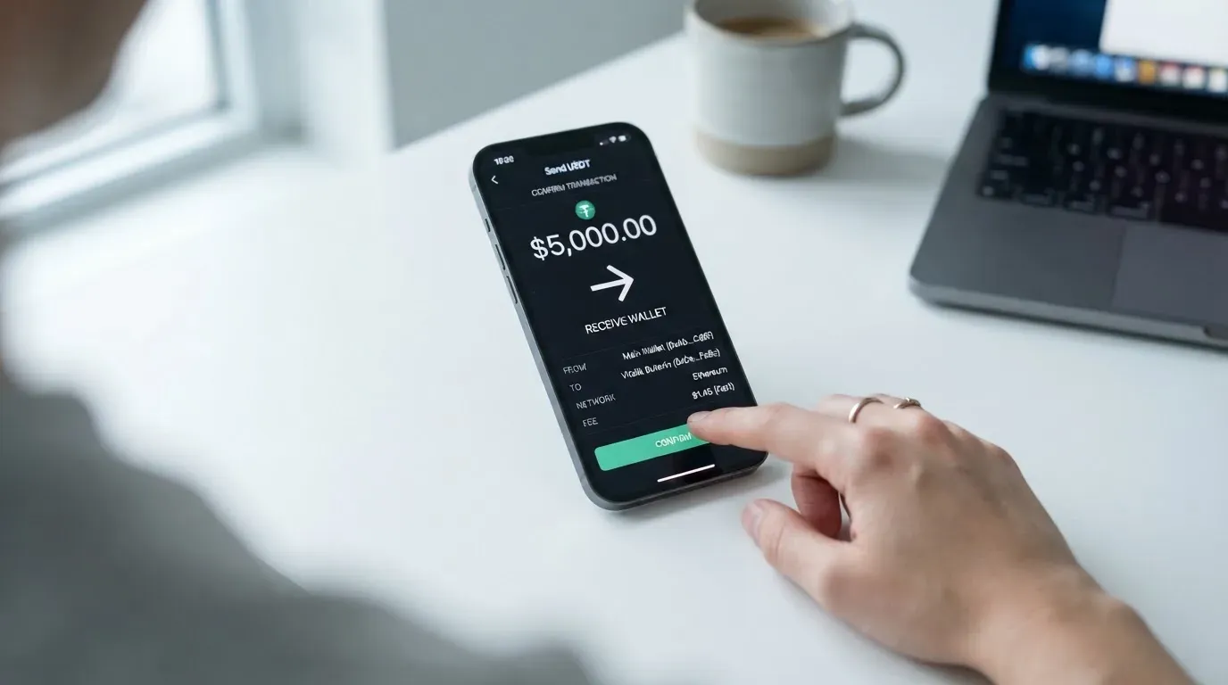 A phone showing a stablecoin transfer screen