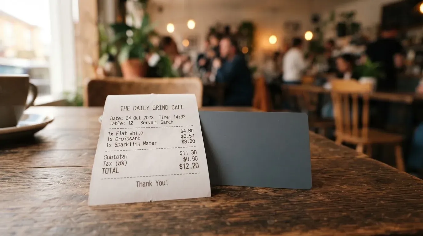 A receipt and a card on a café table