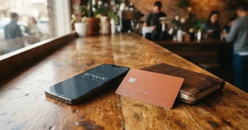A payment card next to a phone with a crypto wallet app open