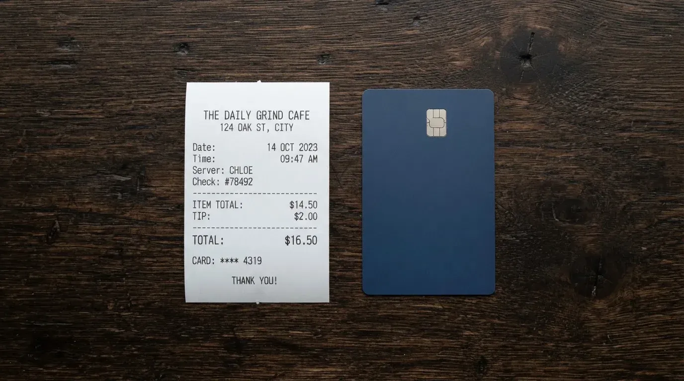 A receipt and a card on a café table