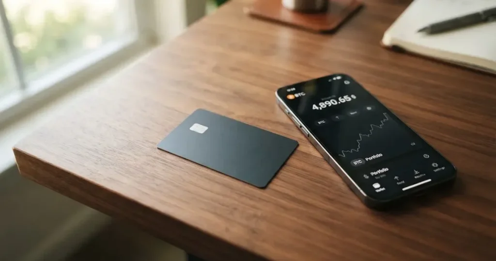 A payment card next to a phone with a crypto wallet app open