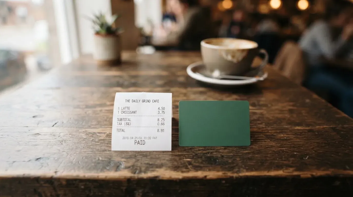 A receipt and a card on a café table