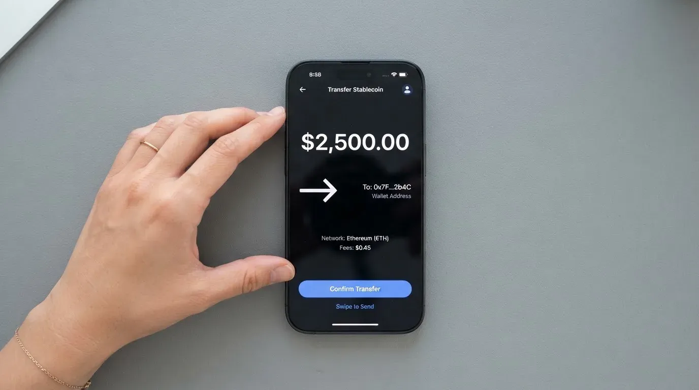 A phone showing a stablecoin transfer screen