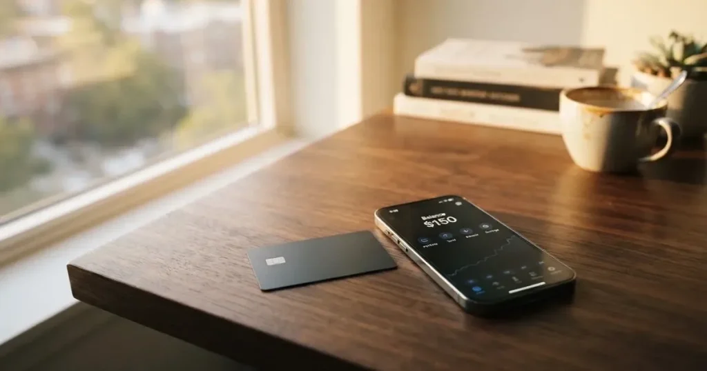 A payment card next to a phone with a crypto wallet app open