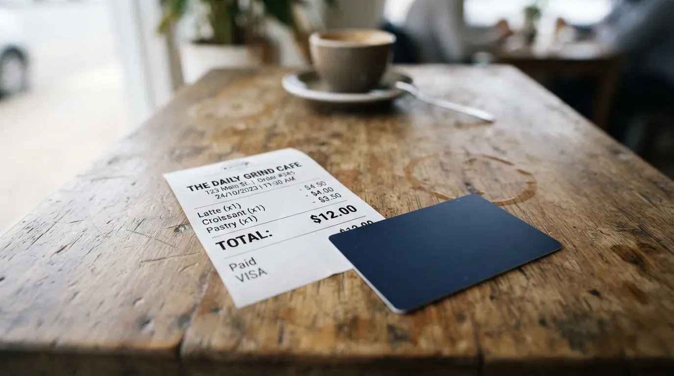 A receipt and a card on a café table