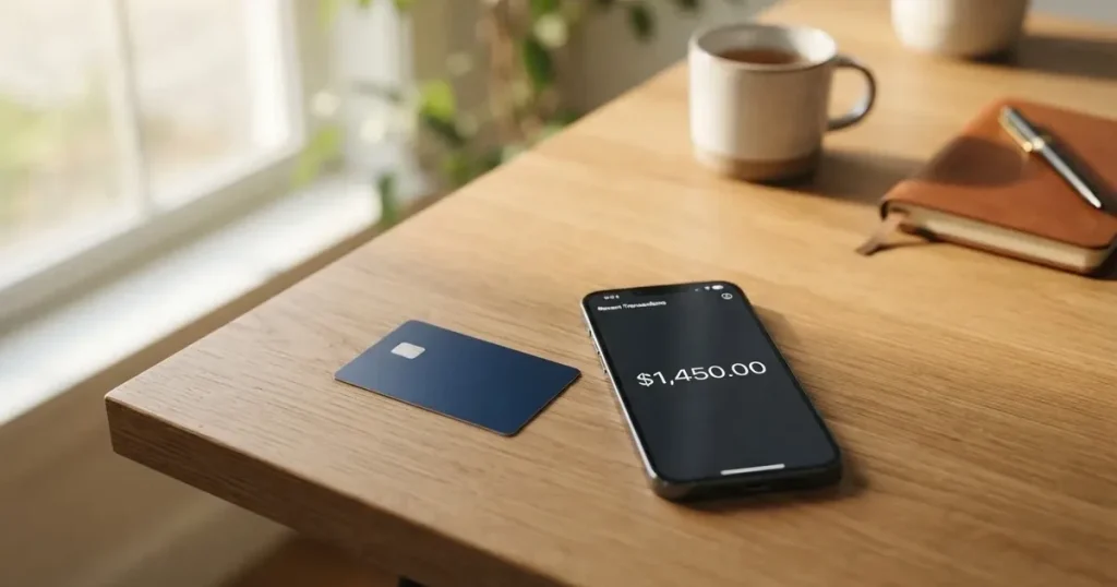 A payment card next to a phone with a crypto wallet app open
