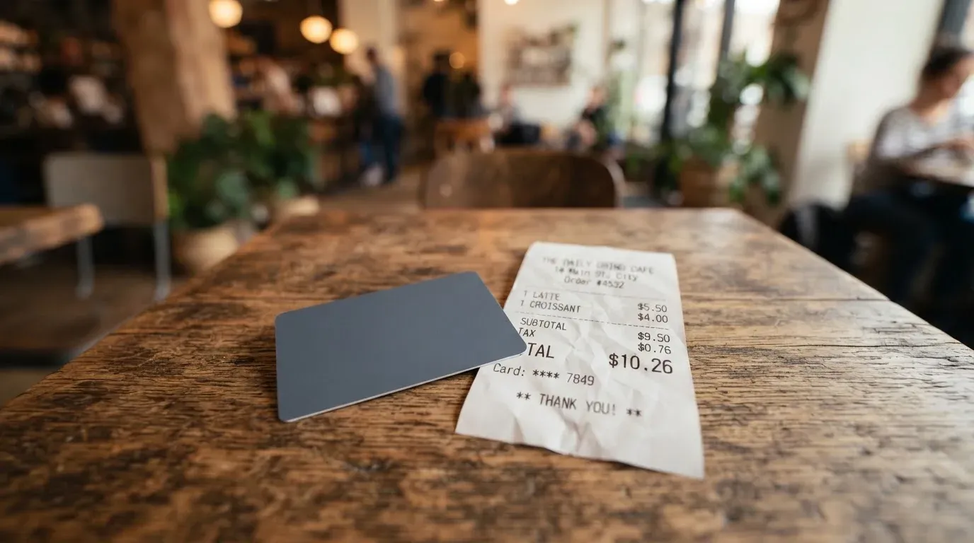 A receipt and a card on a café table
