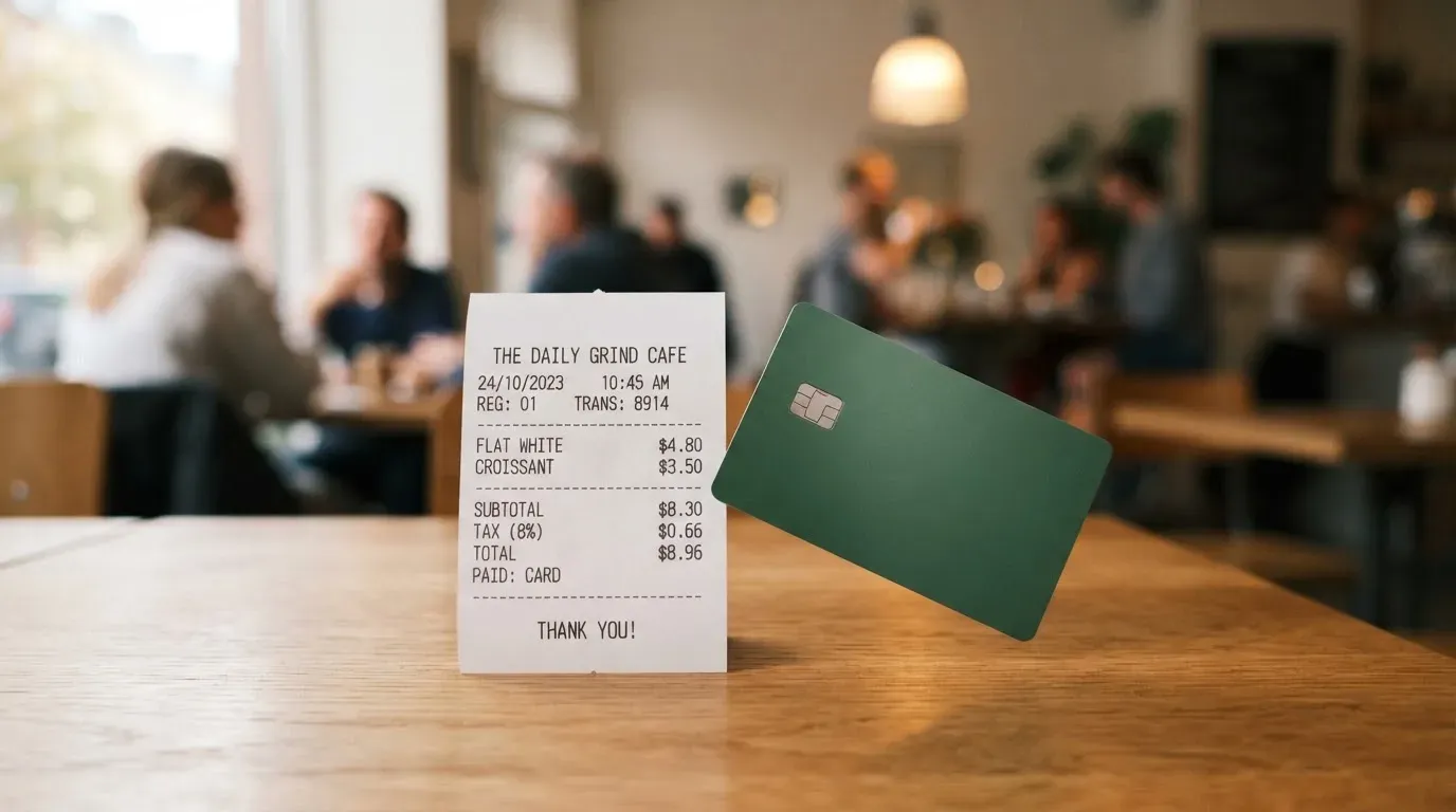 A receipt and a card on a café table