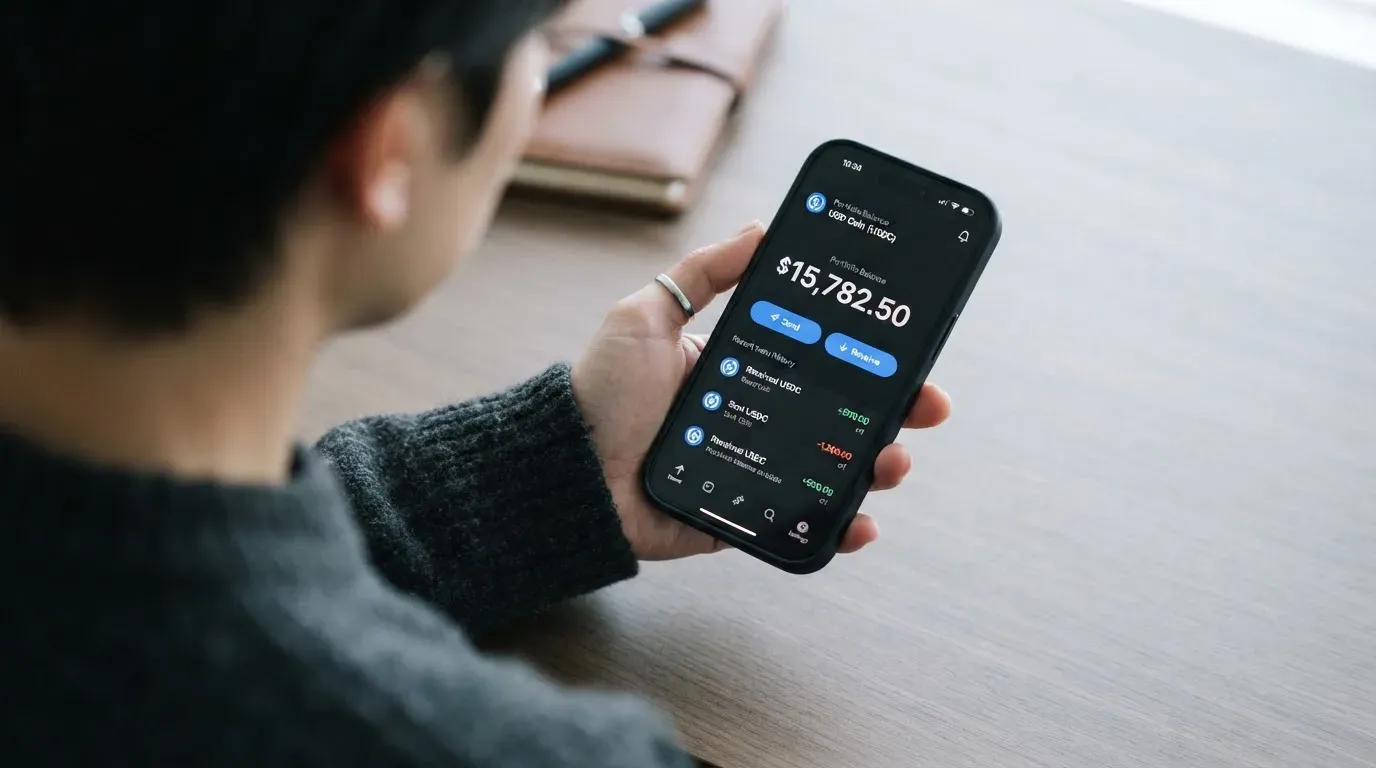 A phone showing a stablecoin transfer screen
