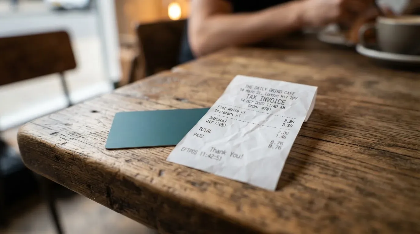 A receipt and a card on a café table