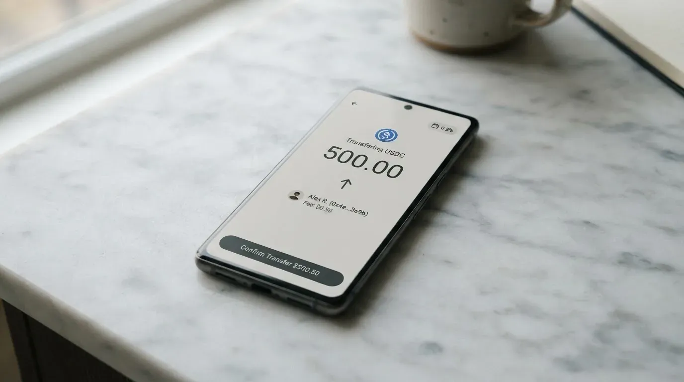 A phone showing a stablecoin transfer screen