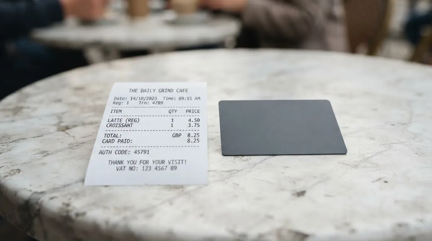 A receipt and a card on a café table