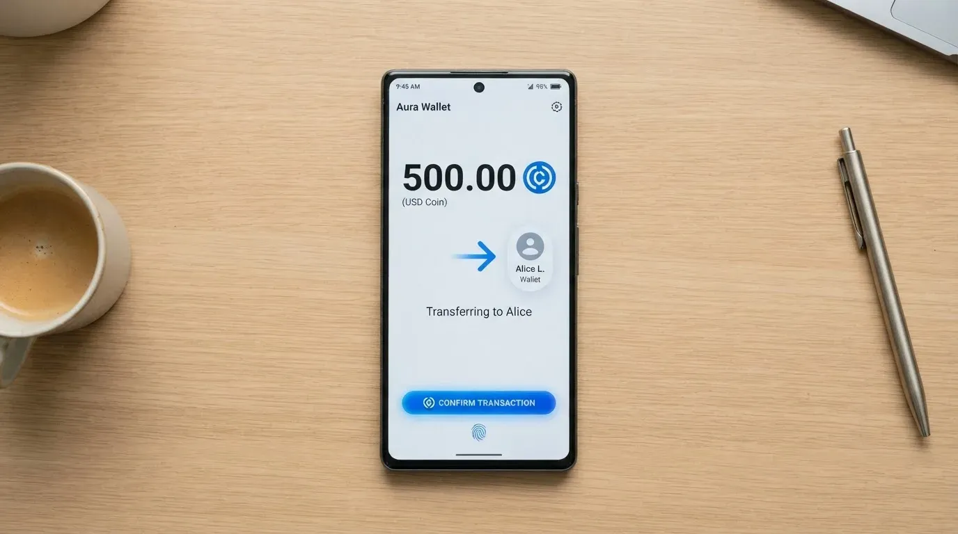 A phone showing a stablecoin transfer screen