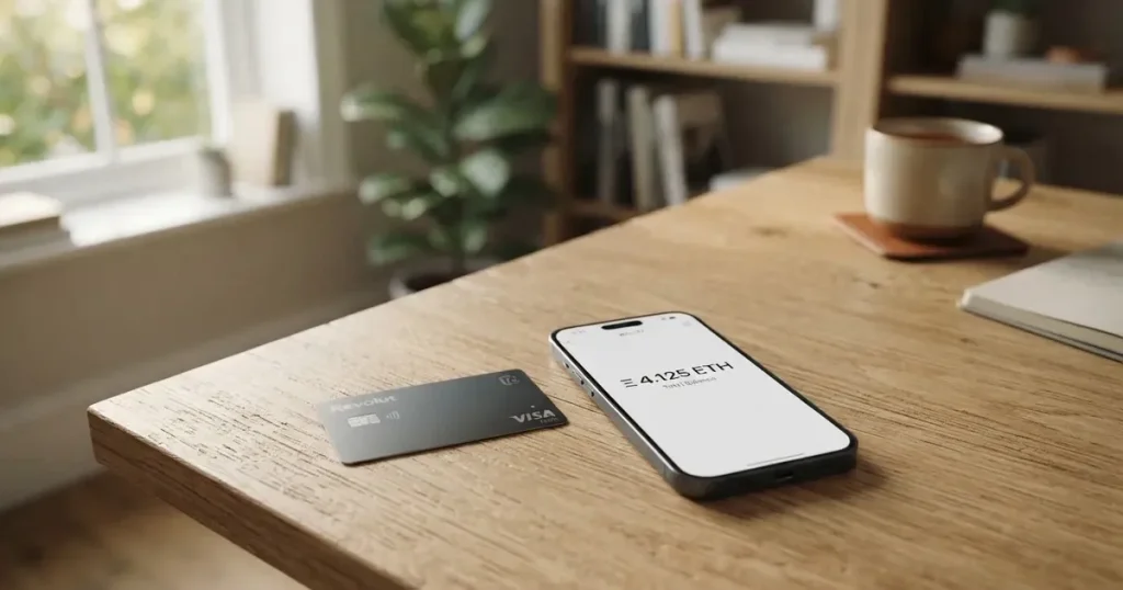 A payment card next to a phone with a crypto wallet app open