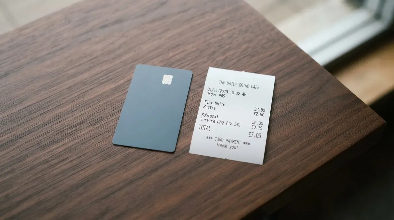 A receipt and a card on a café table