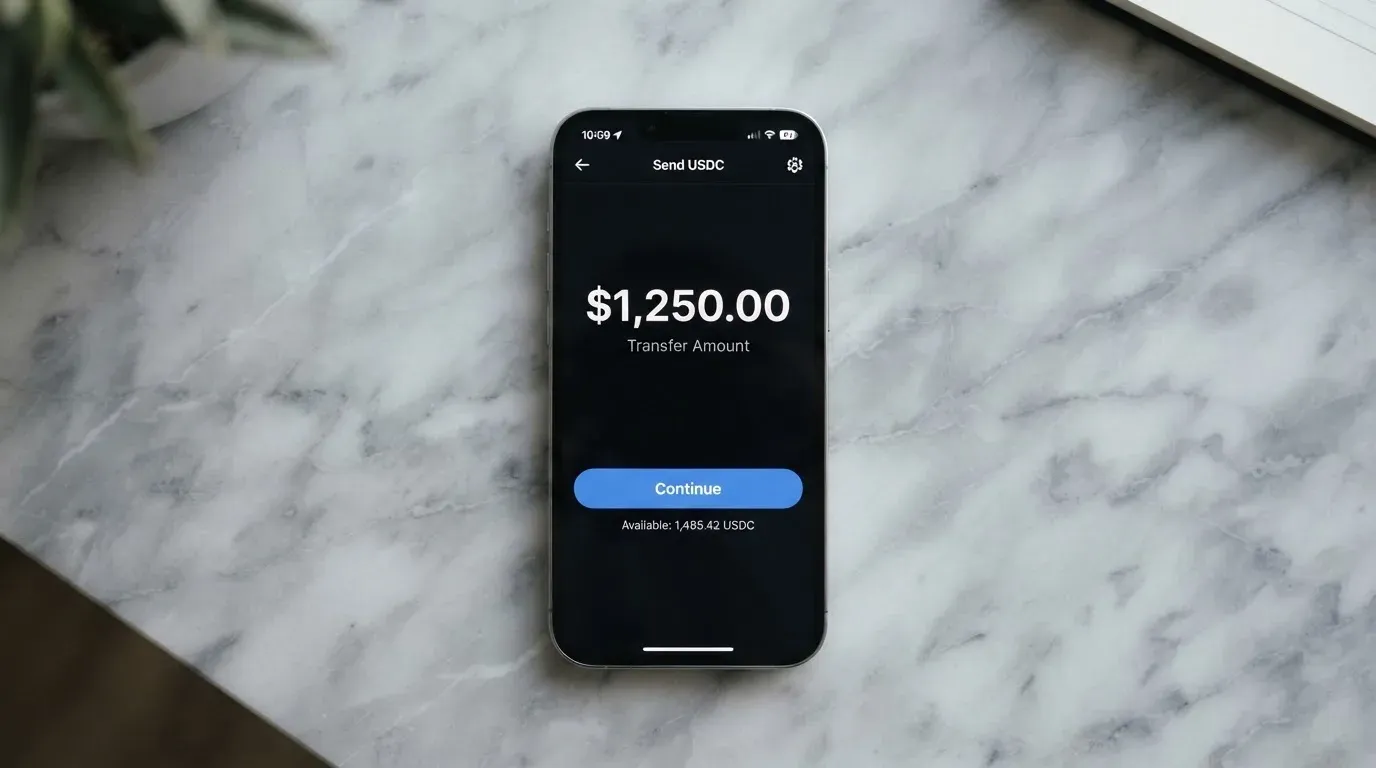 A phone showing a stablecoin transfer screen