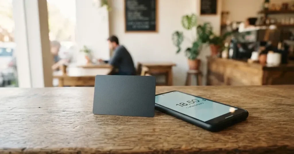 A payment card next to a phone with a crypto wallet app open