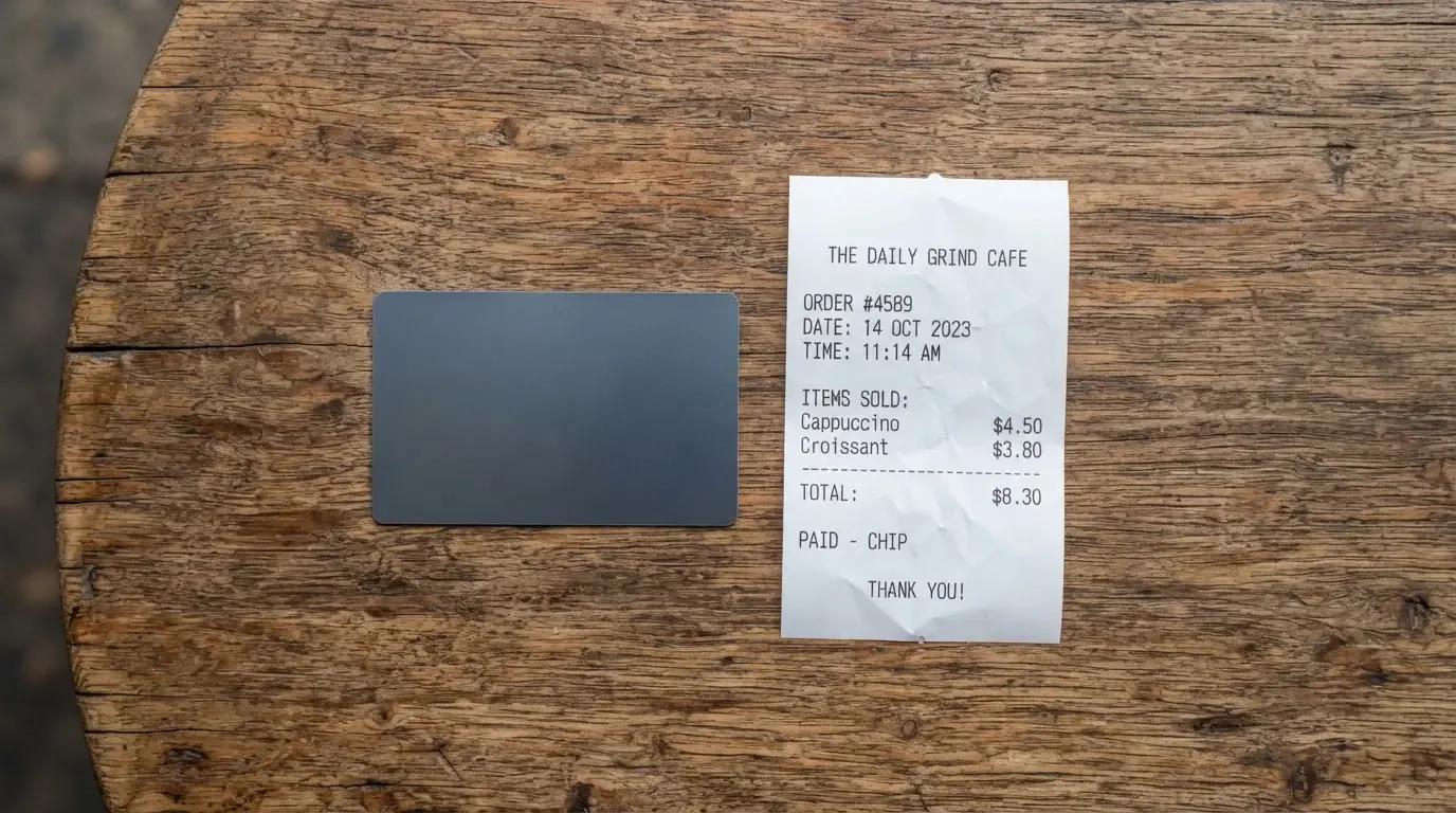 A receipt and a card on a café table