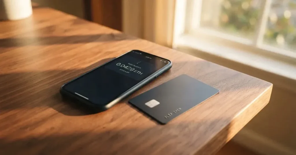 A payment card next to a phone with a crypto wallet app open