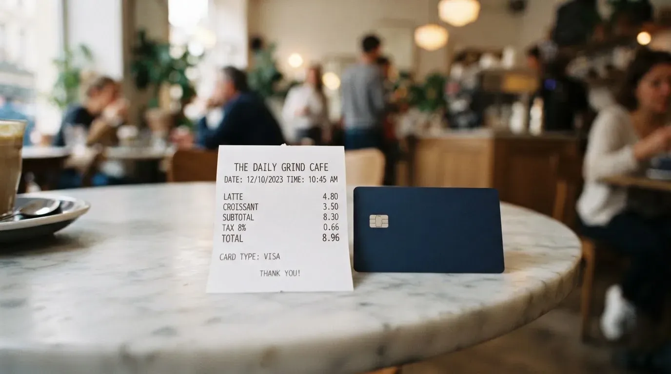 A receipt and a card on a café table