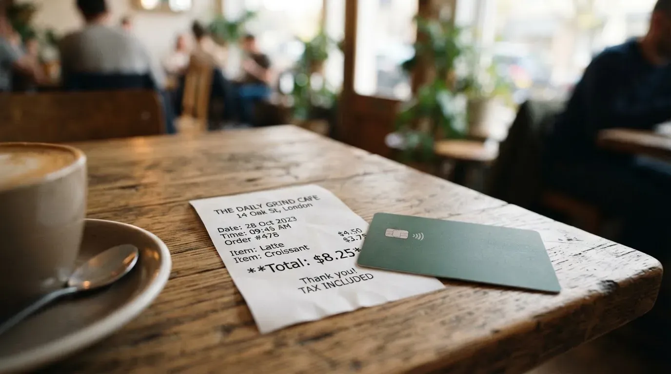 A receipt and a card on a café table
