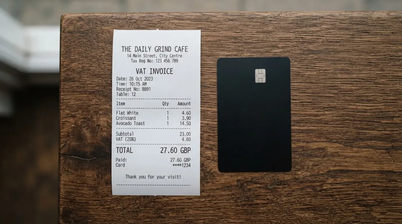 A receipt and a card on a café table