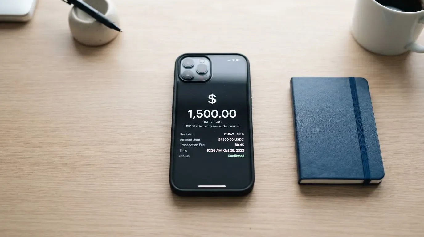 A phone showing a stablecoin transfer screen