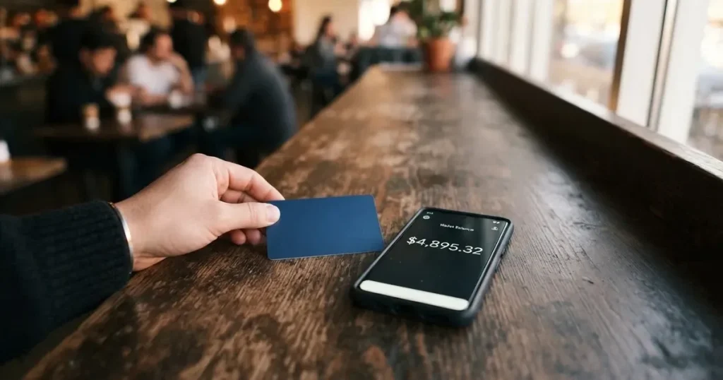 A payment card next to a phone with a crypto wallet app open