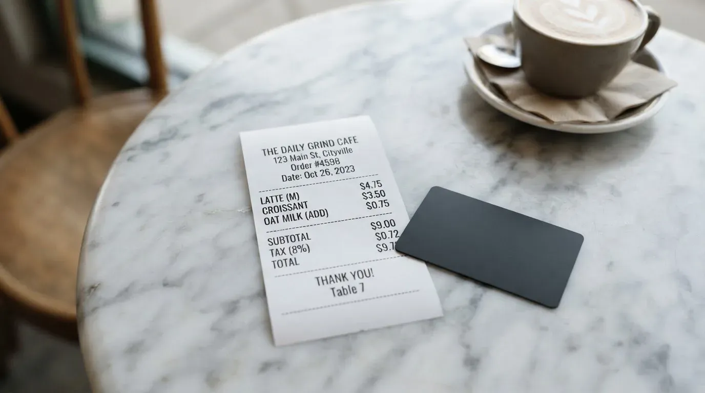 A receipt and a card on a café table