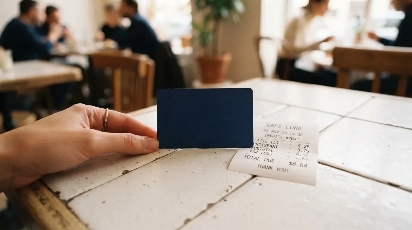 A receipt and a card on a café table