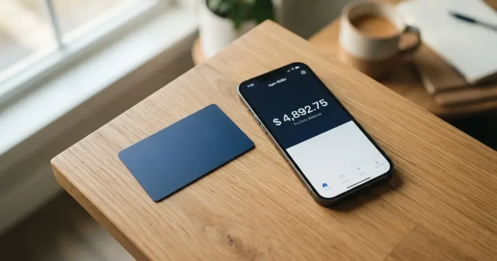 A payment card next to a phone with a crypto wallet app open