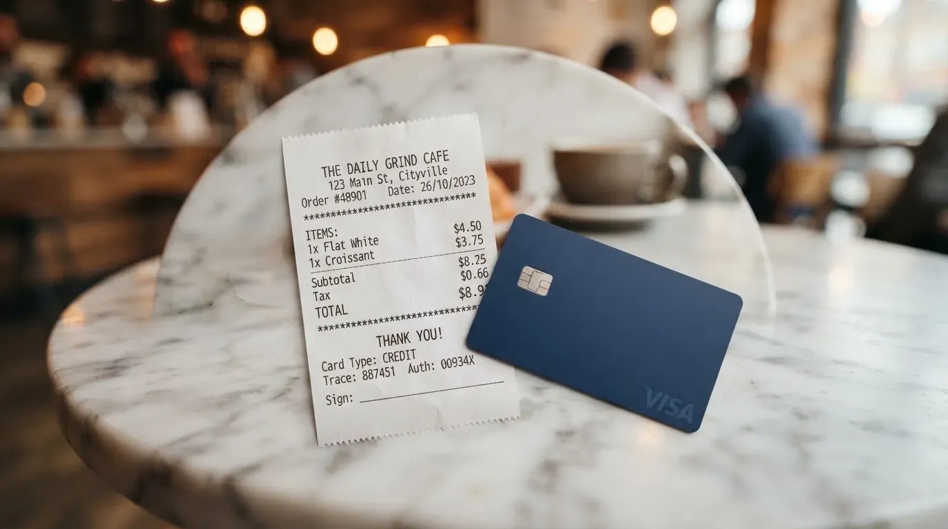 A receipt and a card on a café table