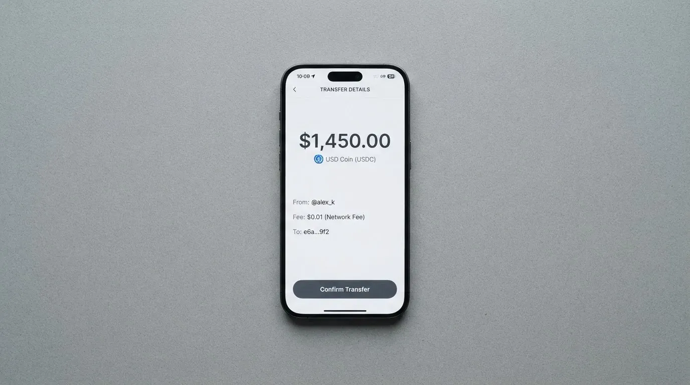 A phone showing a stablecoin transfer screen