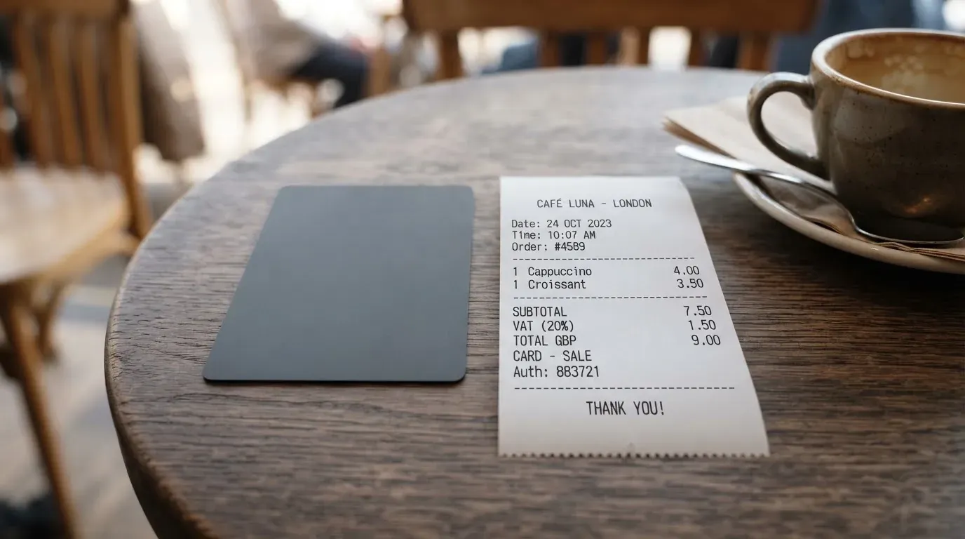 A receipt and a card on a café table