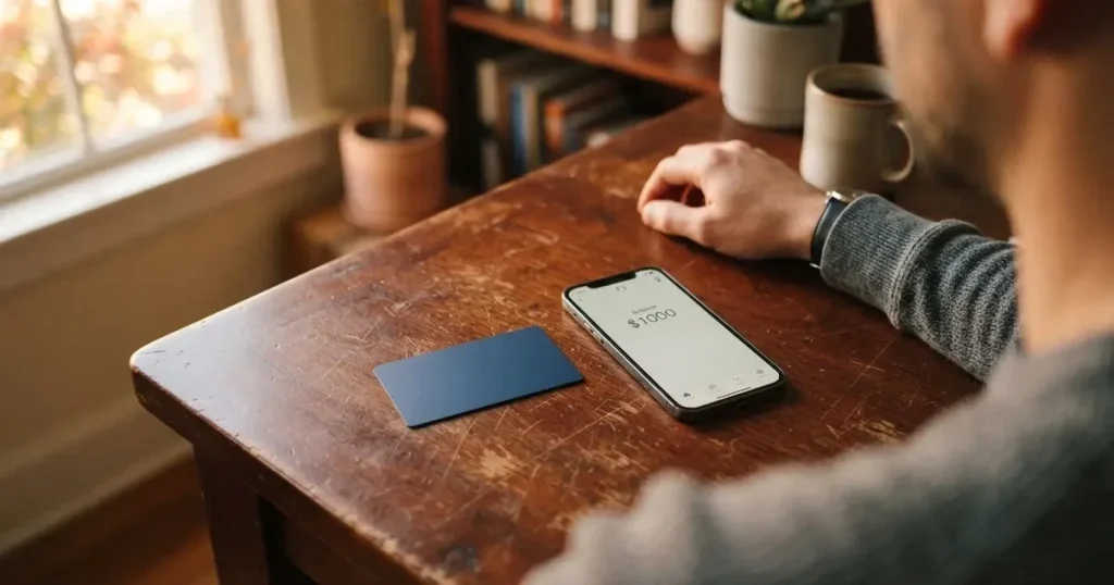A payment card next to a phone with a crypto wallet app open