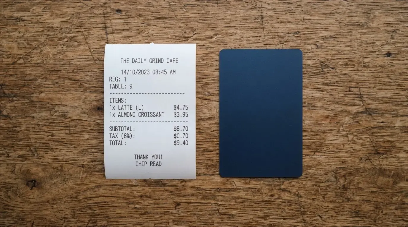 A receipt and a card on a café table