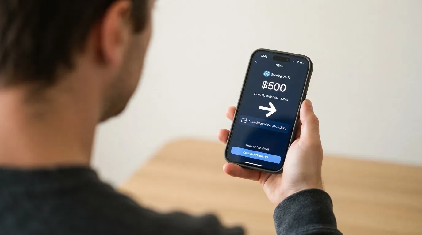A phone showing a stablecoin transfer screen