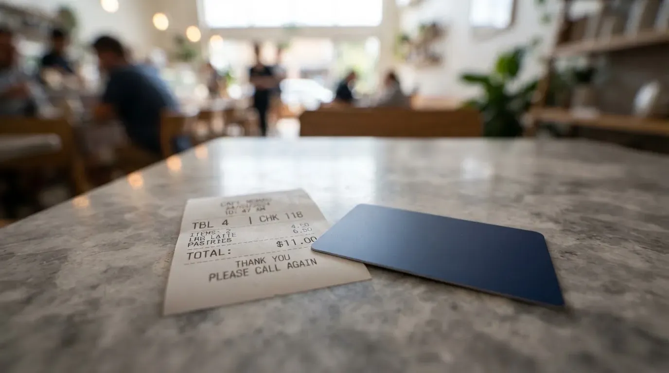 A receipt and a card on a café table
