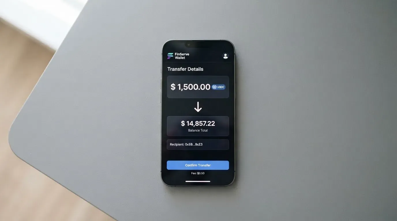 A phone showing a stablecoin transfer screen